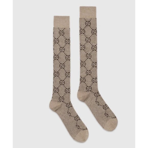 New Authentic Gucci GG Supreme Logo Glittery Knee-High Socks - Nude Glitter Sz L - Picture 1 of 6